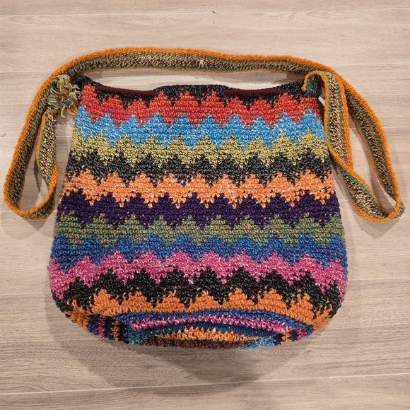 Crochet Bag Colorful Drawstring Bucket Hippie Boho Festival Travel Handmade Knit - Picture 5 of 9